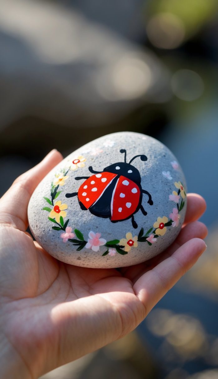 A hand holds a smooth gray stone painted with a red ladybug in the center, surrounded by a ring of colorful flowers. The background is blurred, hinting at an outdoor setting.
