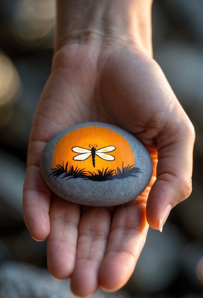 A hand holds a smooth gray stone painted with a dragonfly, black grass silhouettes, and an orange background, resembling a sunset.