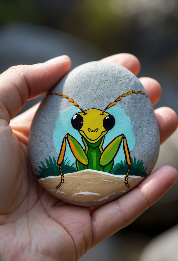 A hand holds a smooth gray stone painted with a colorful cartoon grasshopper, featuring large eyes, green body, and orange legs, sitting on a patch of grass.