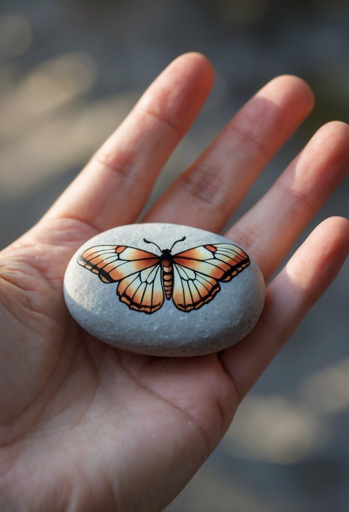 A hand holds a smooth gray stone with a detailed, colorful butterfly painted on its surface. The butterfly's wings are orange, yellow, and black, creating a striking contrast with the stone.