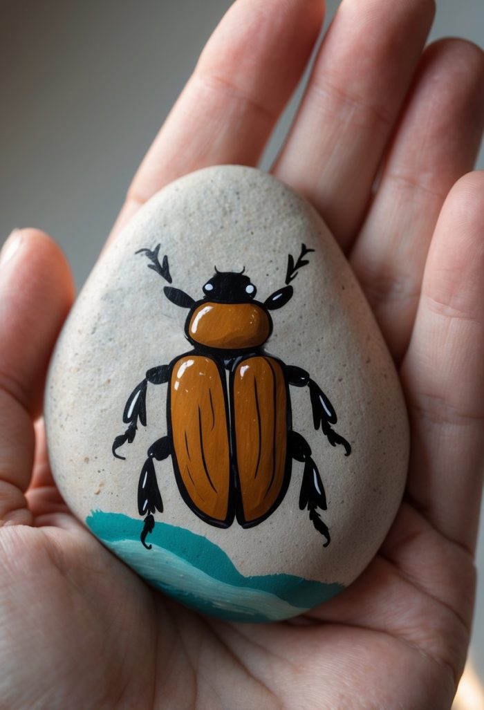 A hand holding a smooth stone painted with the image of an orange and black beetle, with some green at the bottom of the stone.