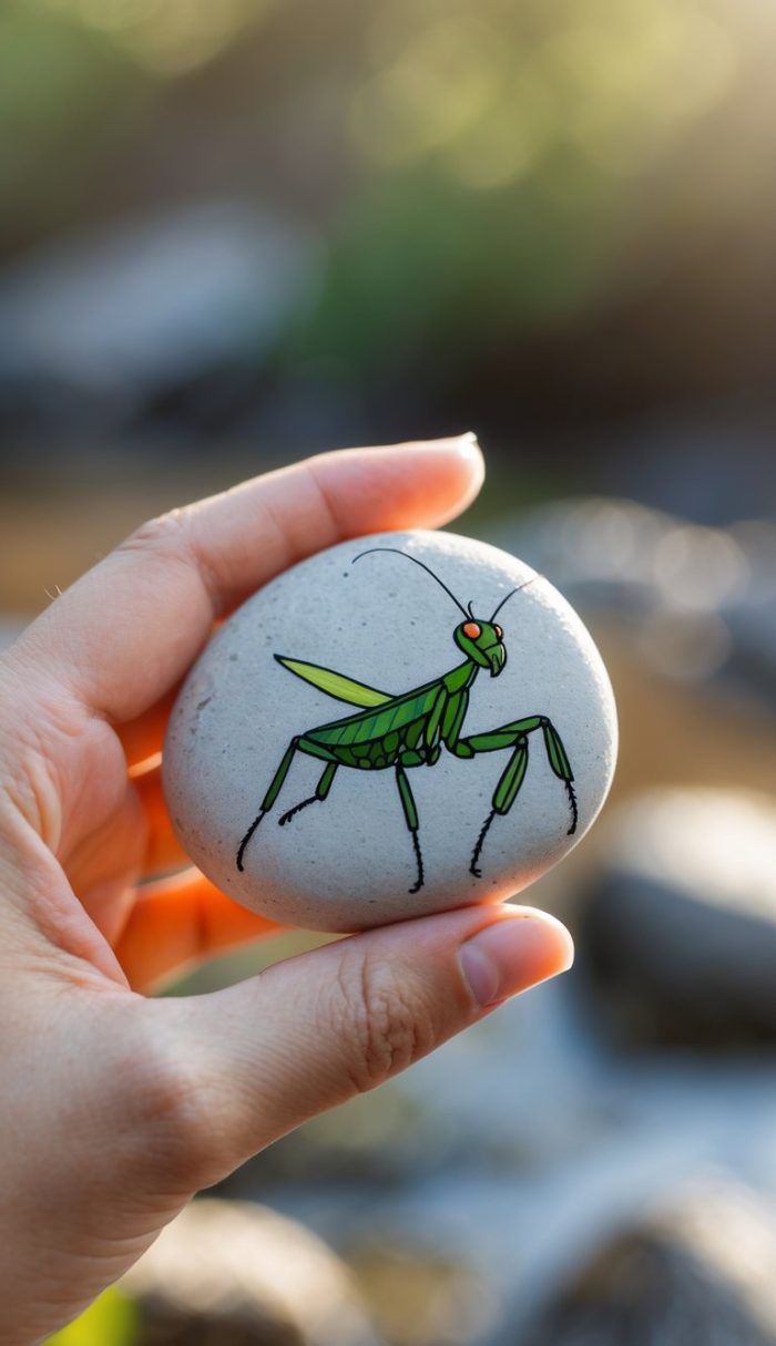 A hand holds a smooth gray stone painted with a green praying mantis illustration, with a blurred natural background.