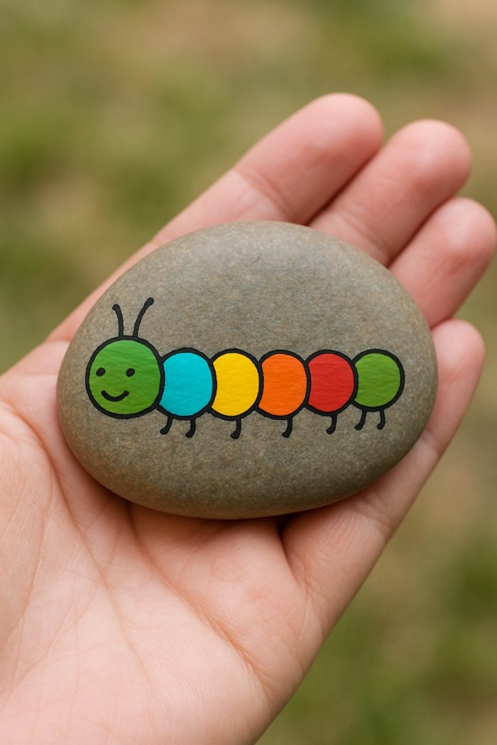 A hand holds a smooth stone painted with a cute cartoon caterpillar, featuring a green head and five colorful body segments in blue, yellow, orange, and red, with black legs and antennae.