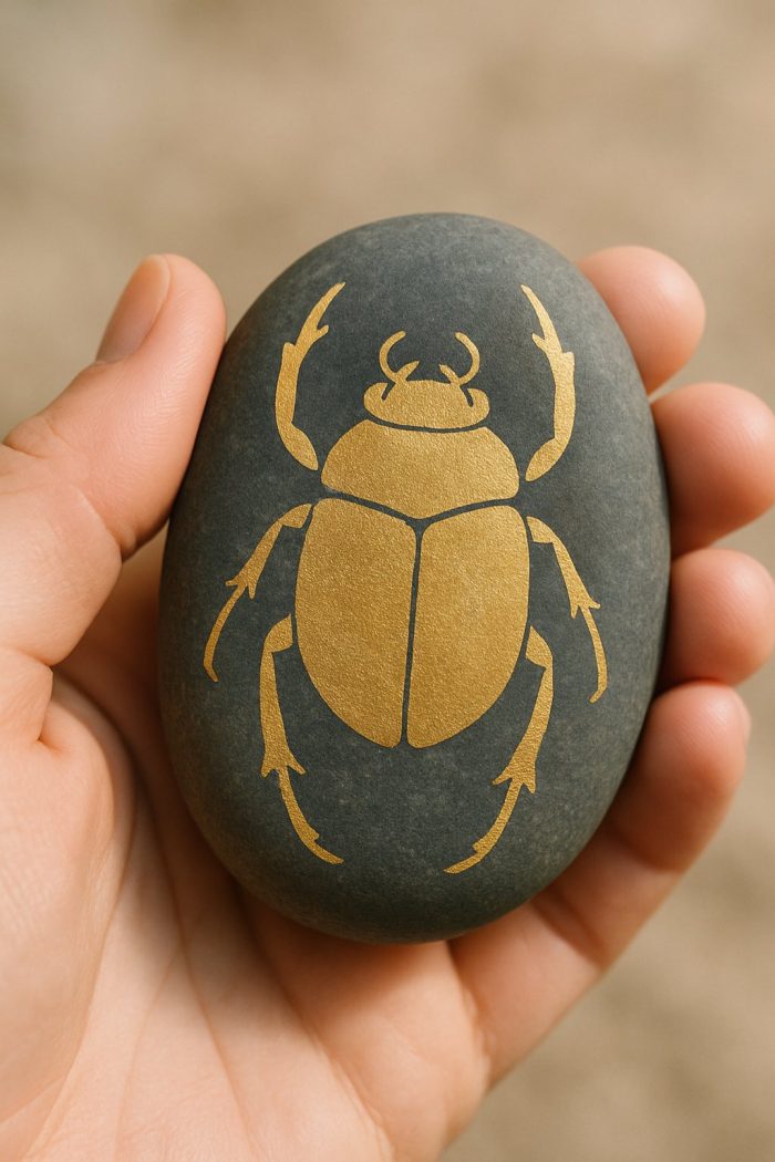 A hand holds a smooth, dark stone with a golden scarab beetle design painted on its surface.