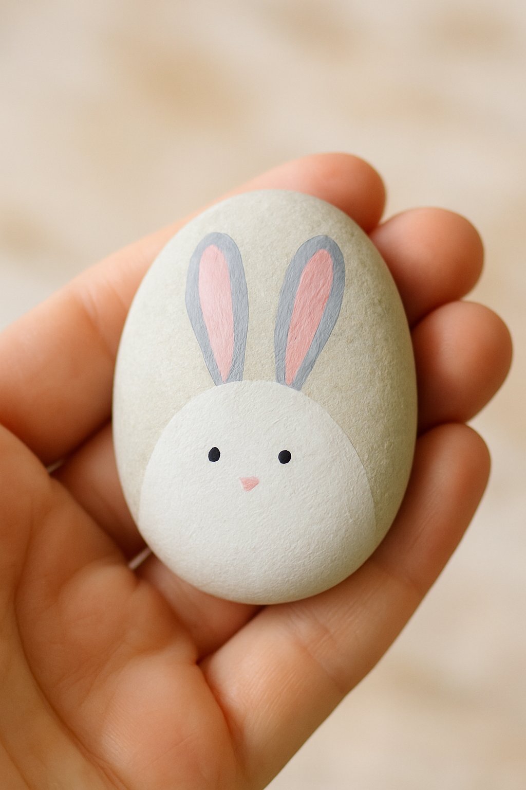 A hand holds a smooth stone painted with a cute bunny face and long ears in gray and pink tones, resembling a rabbit.