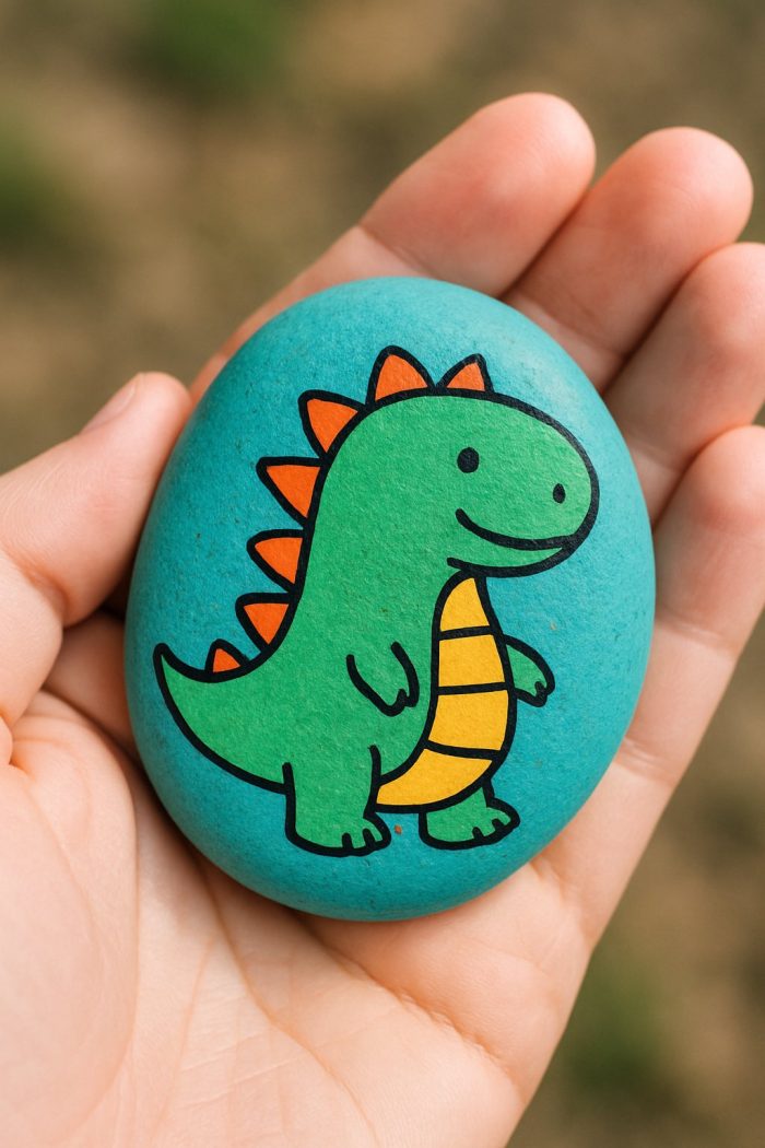 A hand holds a blue painted rock featuring a cute green cartoon dinosaur with orange spikes and a yellow belly, drawn in a simple, playful style.