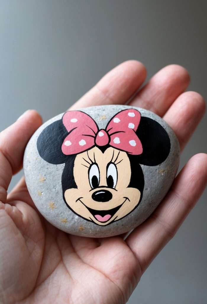 A hand holds a smooth stone painted with a cartoon face resembling Minnie Mouse, featuring a pink polka dot bow and a cheerful expression.