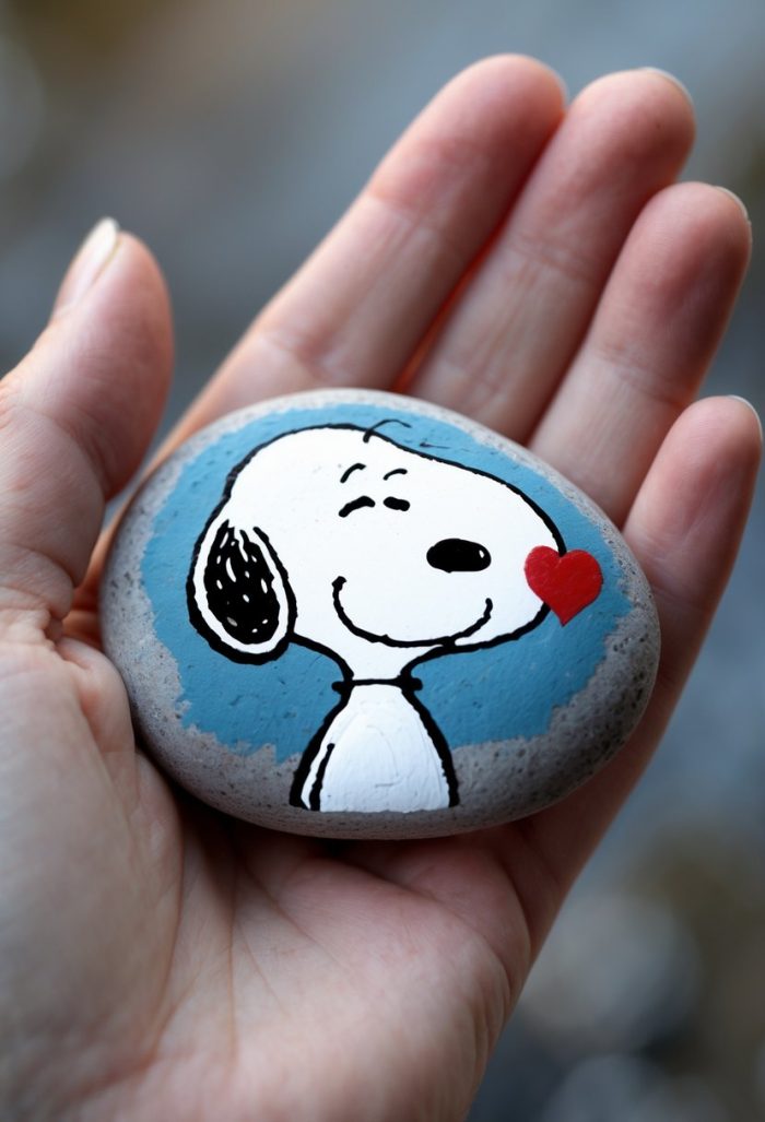 A hand holds a smooth stone painted with a smiling cartoon dog, resembling Snoopy, with a red heart near its cheek and a blue background.