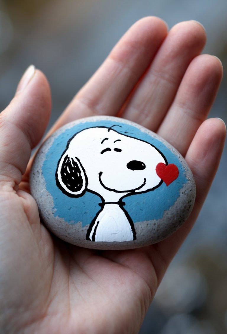 A hand holds a smooth stone painted with a smiling cartoon dog, resembling Snoopy, with a red heart near its cheek and a blue background.
