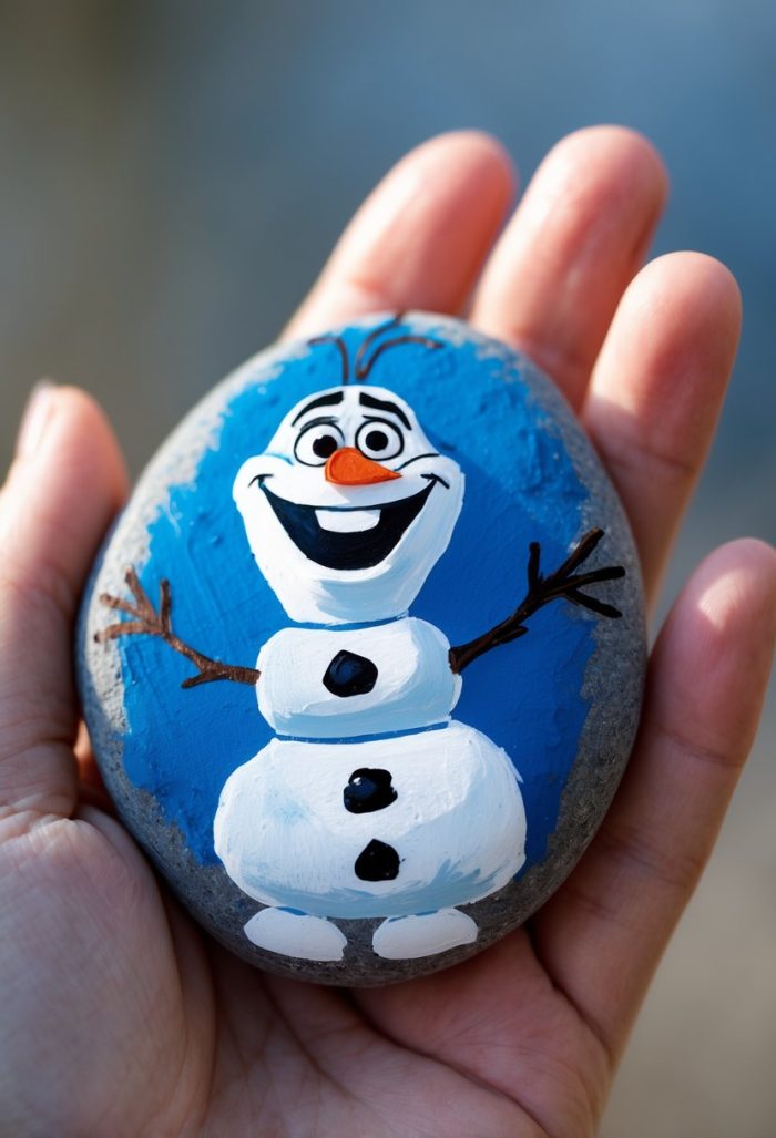 A hand holds a smooth rock painted with a cheerful cartoon snowman on a blue background. The snowman has a big smile, twig arms, and a carrot nose.