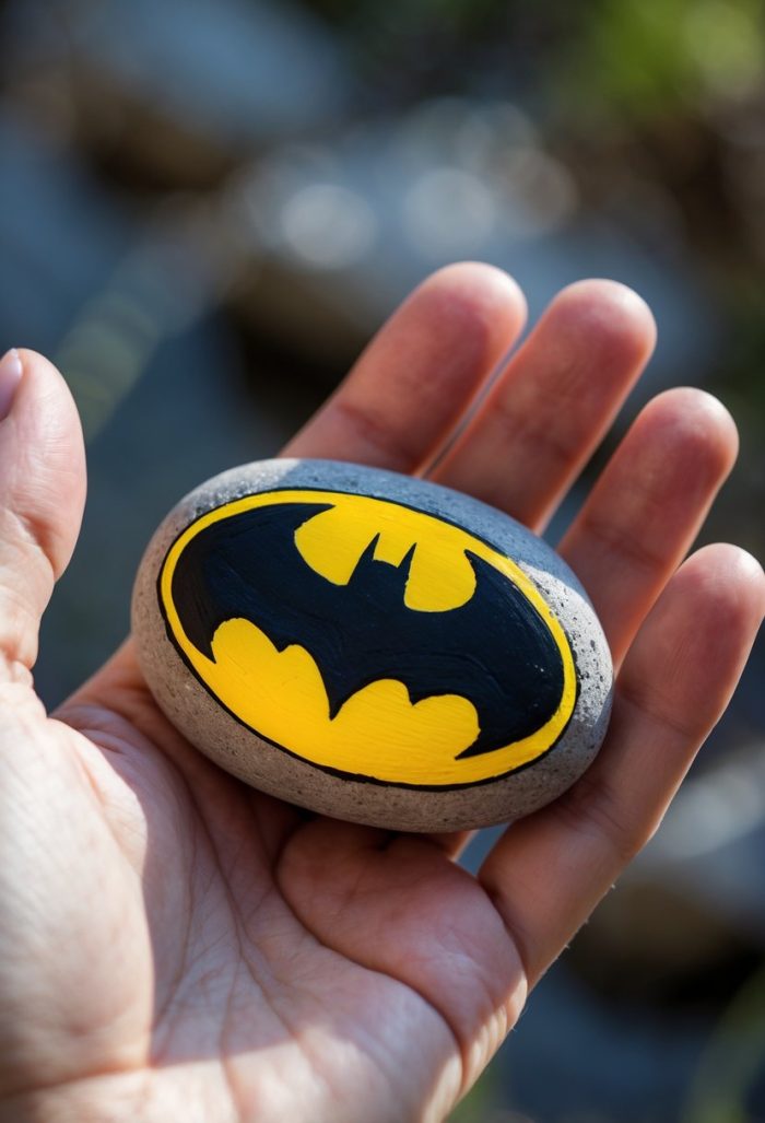 A hand holds a smooth gray stone painted with a black Batman logo inside a yellow oval. The background is blurred, making the rock and hand the clear focus.
