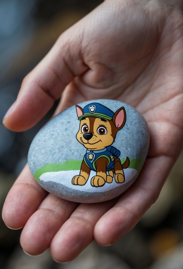 A hand holds a smooth gray stone painted with a cartoon dog wearing a blue police uniform and hat, similar to a character from a children's animated show.