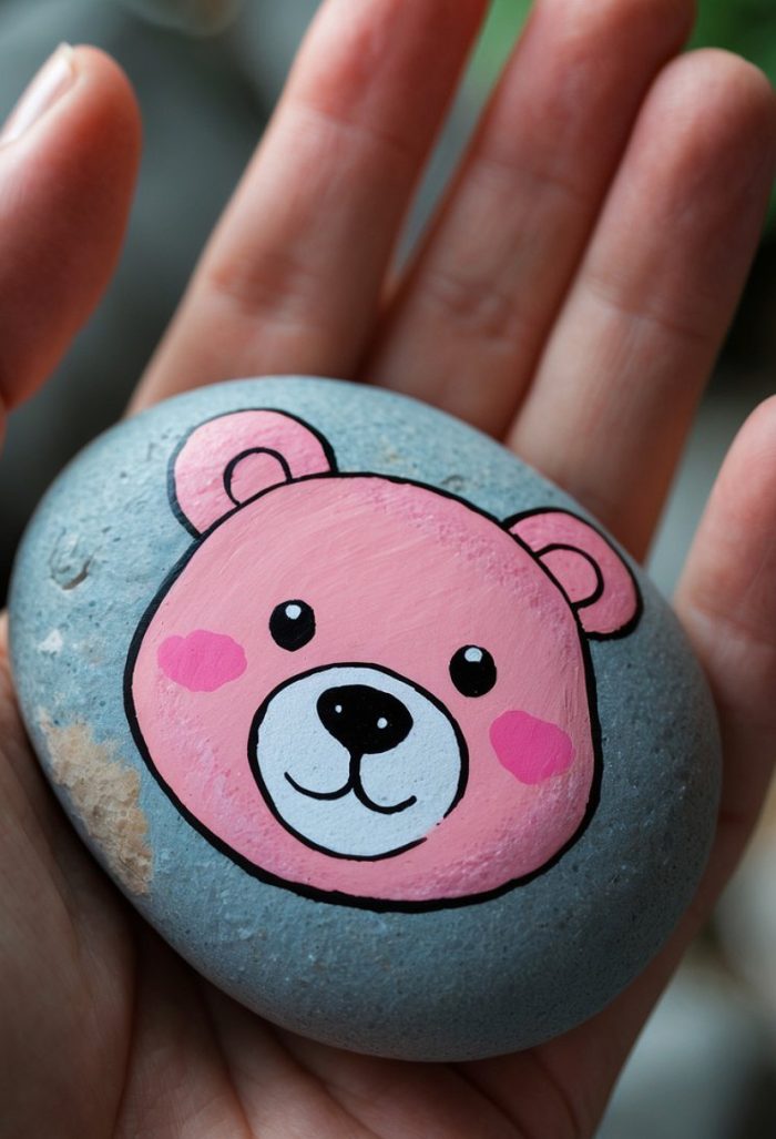 A hand holds a smooth gray stone painted with a cute pink bear face, featuring round ears, big black eyes, and a smiling mouth with rosy cheeks.