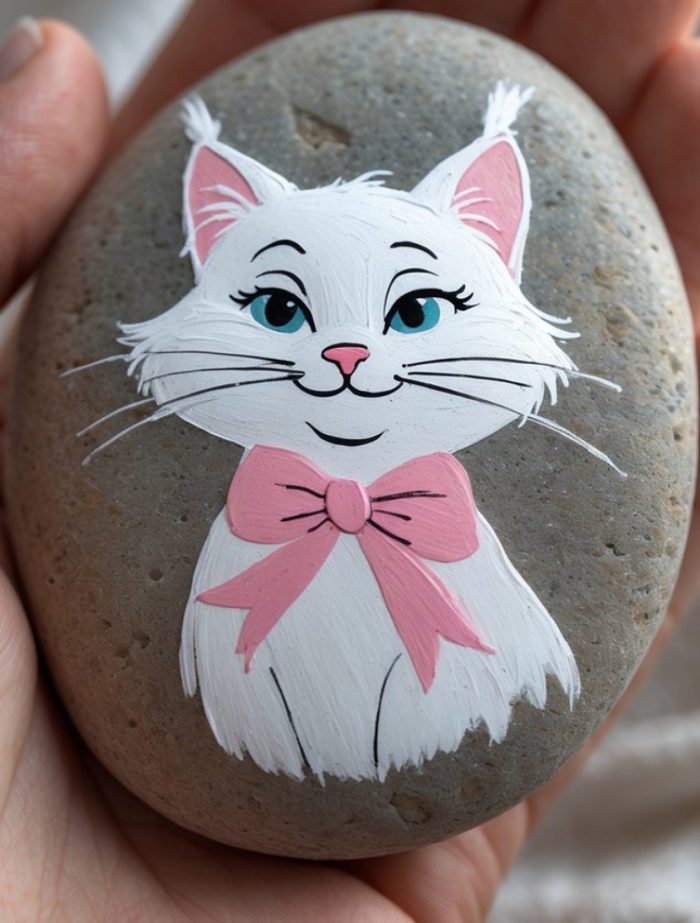 A hand holds a smooth gray stone painted with a white cat wearing a pink bow, featuring blue eyes, pink ears, and a cheerful expression.