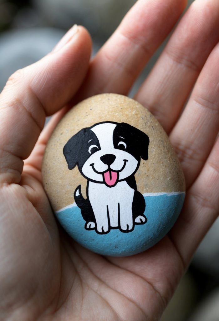 A hand holds a smooth stone painted with a cartoon image of a smiling black and white dog with its tongue out, sitting on a blue background.