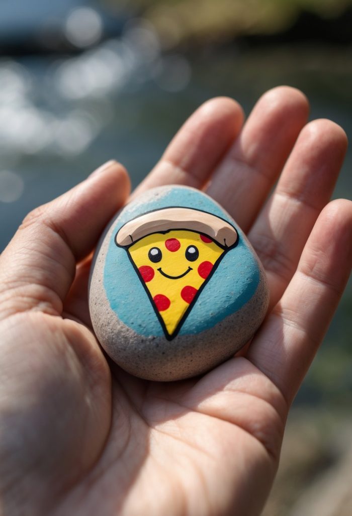 A hand holds a smooth stone painted with a smiling slice of pepperoni pizza on a blue background. The image is outdoors, with blurred greenery and water in the background.
