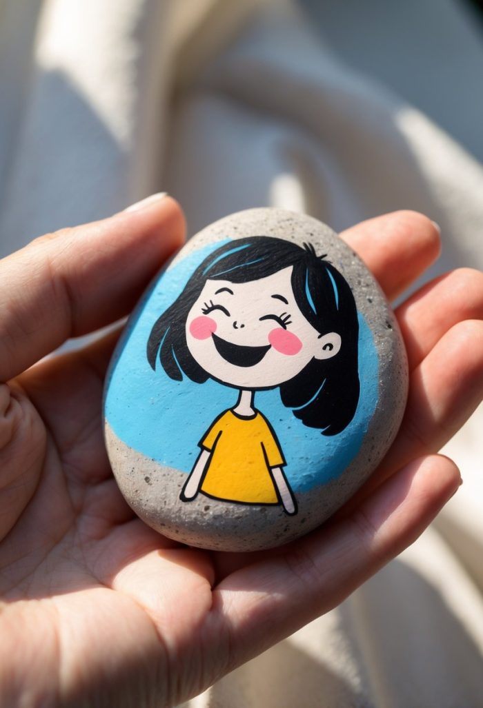A hand holds a smooth stone painted with a cartoon of a smiling girl with black hair, pink cheeks, and a yellow shirt against a blue background.