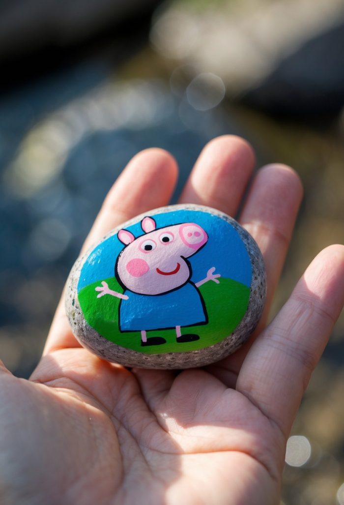 A hand holds a painted rock featuring a cartoon pig in a blue outfit, resembling Peppa Pig, against a simple green and blue background. The scene is outdoors, with a blurred natural backdrop.