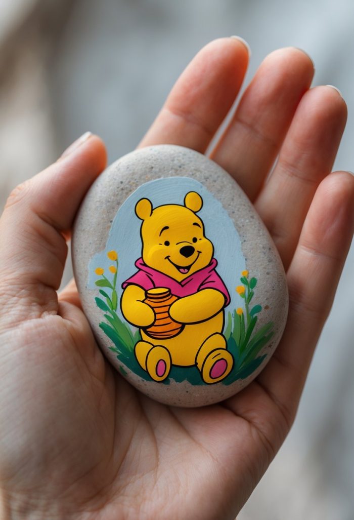 A hand holds a smooth stone painted with Winnie the Pooh, who is smiling and holding a pot of honey, surrounded by green grass and small yellow flowers.