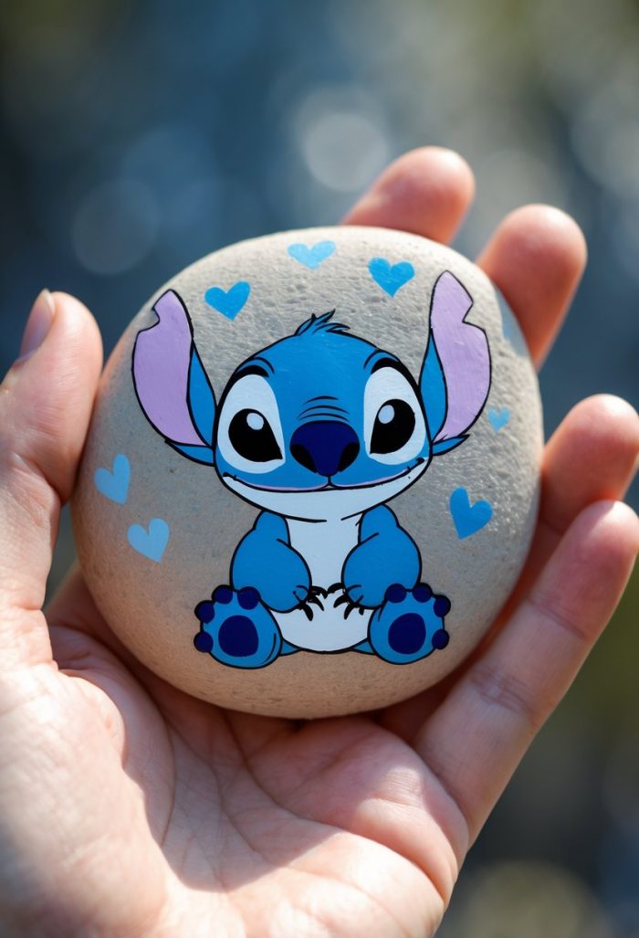 A hand holds a smooth stone painted with a cartoon image of Stitch from "Lilo & Stitch," surrounded by small blue hearts.