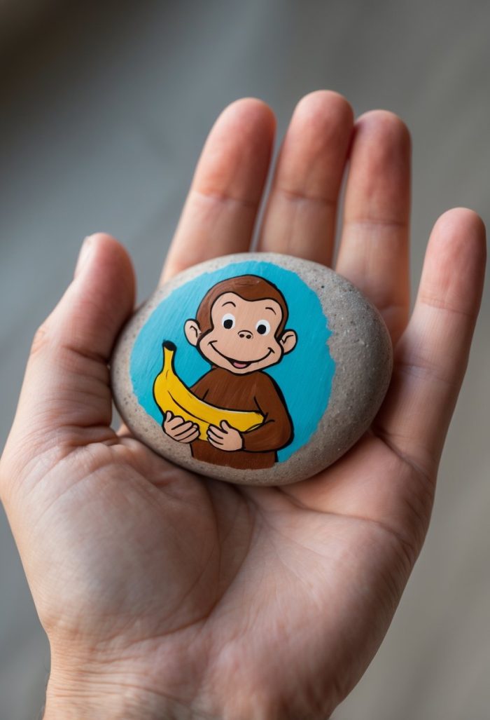 A hand holds a smooth stone painted with a cartoon monkey holding a yellow banana against a blue background.