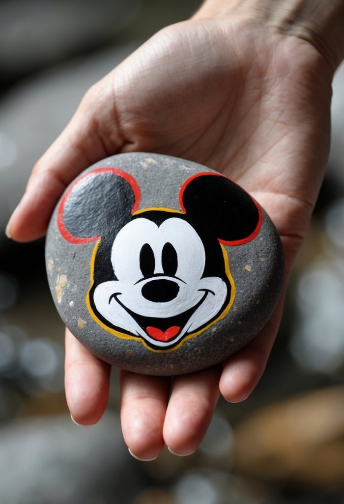 A hand holds a smooth gray stone with a painted image of a smiling Mickey Mouse face on it.