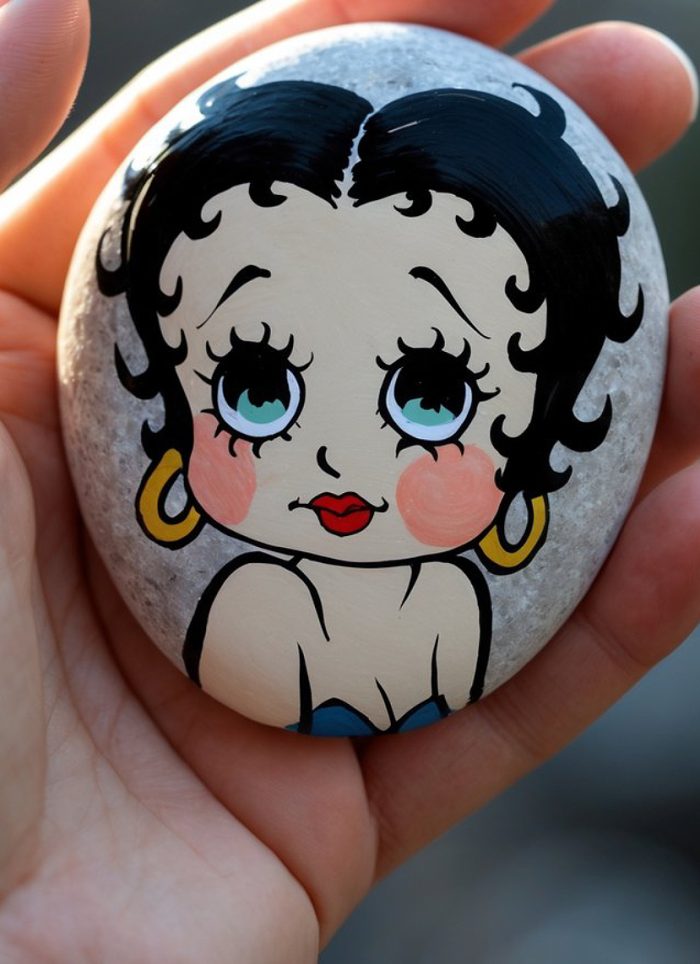 A hand holds a smooth stone painted with a cartoon face resembling Betty Boop, featuring large blue eyes, hoop earrings, red lips, and short black curly hair.