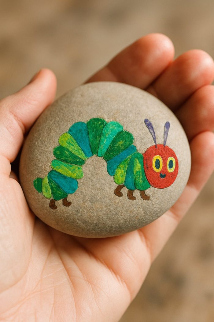 A hand holds a smooth stone painted with a colorful caterpillar, featuring a red head, yellow eyes, and a green and blue segmented body, inspired by "The Very Hungry Caterpillar.