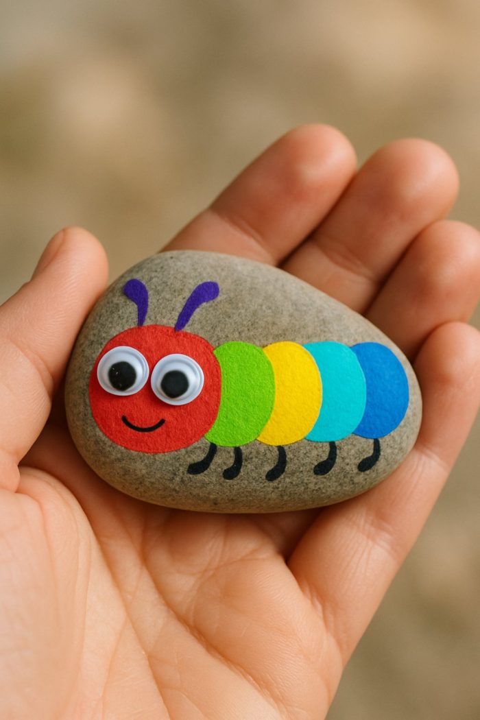 A hand holds a smooth stone painted as a colorful caterpillar with googly eyes, a red head, and five bright body segments in yellow, green, blue, and teal. Black legs and a smiling mouth are drawn on.