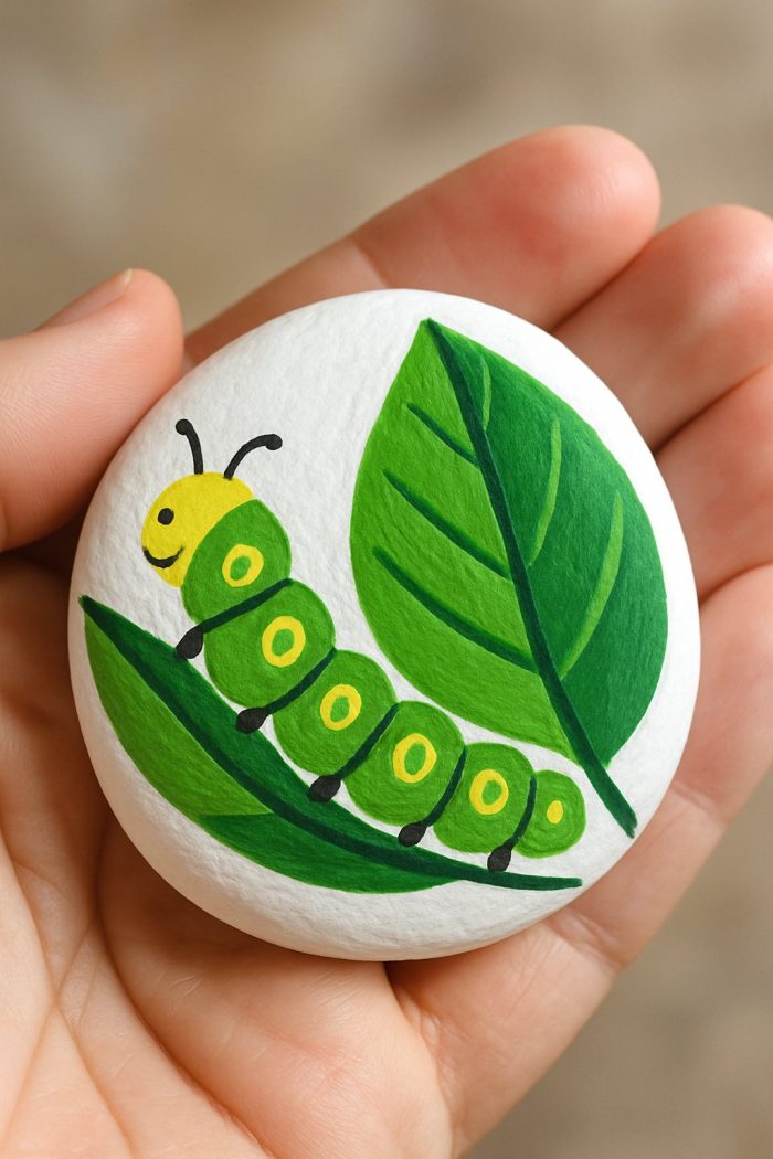 A hand holds a round white stone painted with a smiling green caterpillar and two green leaves. The caterpillar has yellow spots and black antennae.