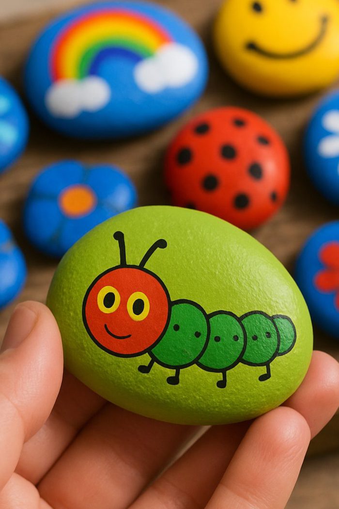 A hand holds a painted rock featuring a smiling green caterpillar with a red head. In the background, other colorful painted rocks show designs like a rainbow, smiley face, ladybug, and flower.