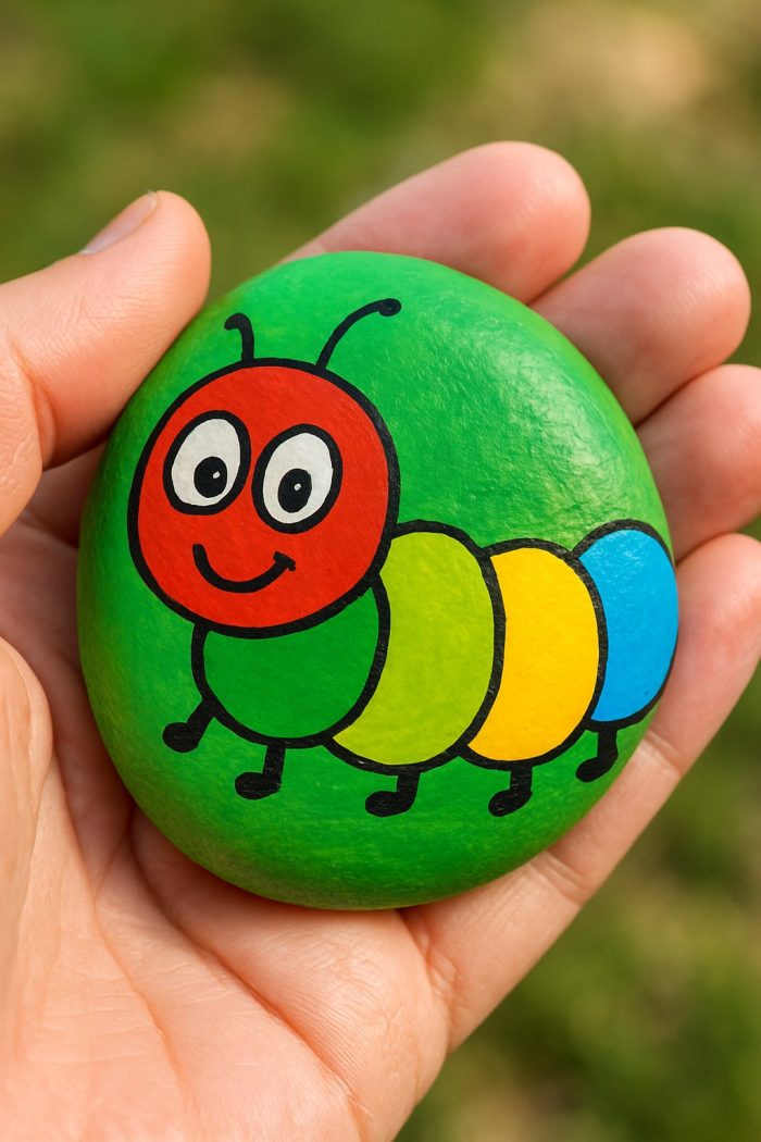 A hand holds a smooth, green-painted rock featuring a cute, cartoon caterpillar with a red head and colorful green, yellow, and blue body segments, smiling with big eyes.