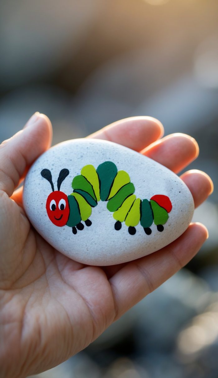 A hand holds a smooth white stone painted with a cheerful green and yellow caterpillar with a red head, black antennae, and a smiling face. The background is softly blurred.