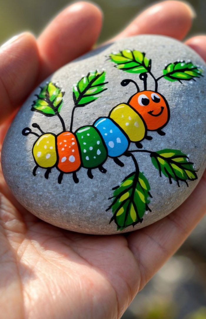 A hand holds a smooth gray stone painted with a colorful cartoon caterpillar, featuring a smiling face, segmented rainbow body, and green leaves as legs and antennae.