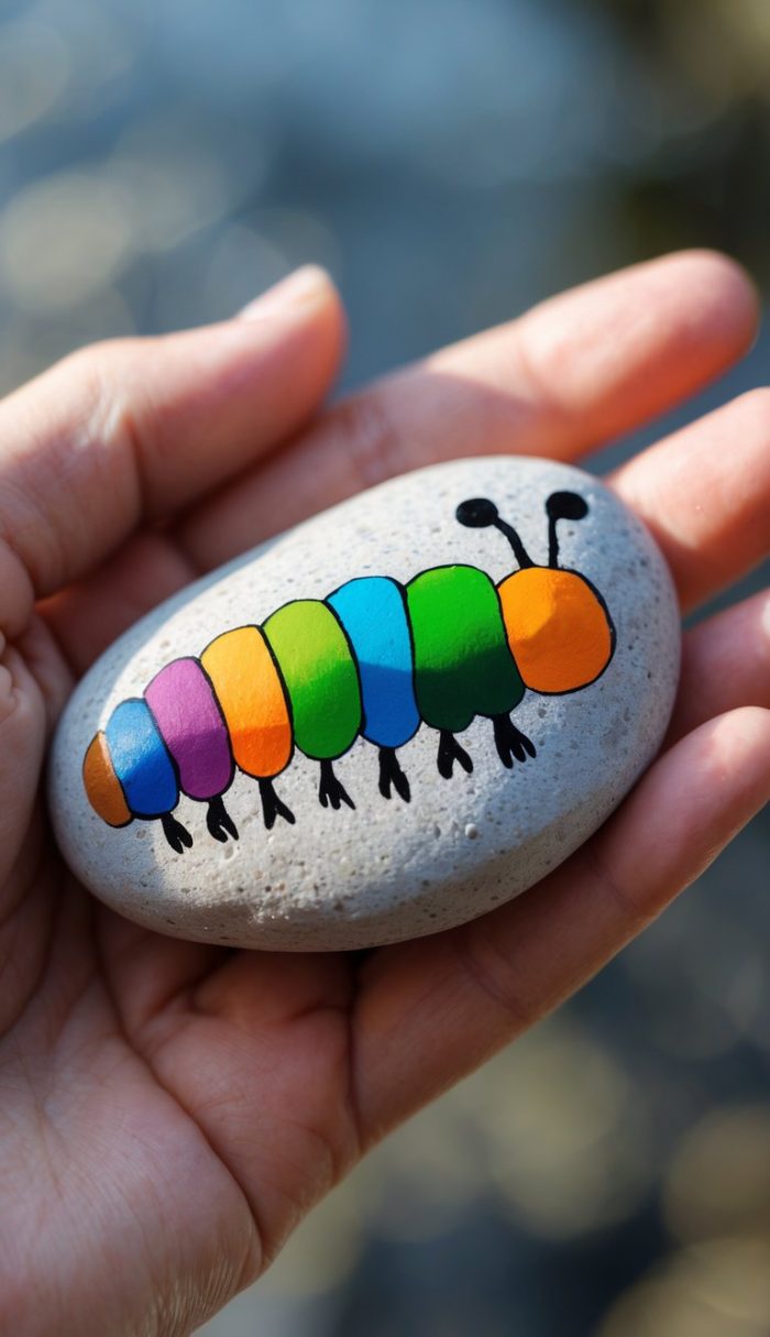 A hand holds a smooth gray stone painted with a colorful cartoon caterpillar featuring rainbow segments and black legs and antennae.