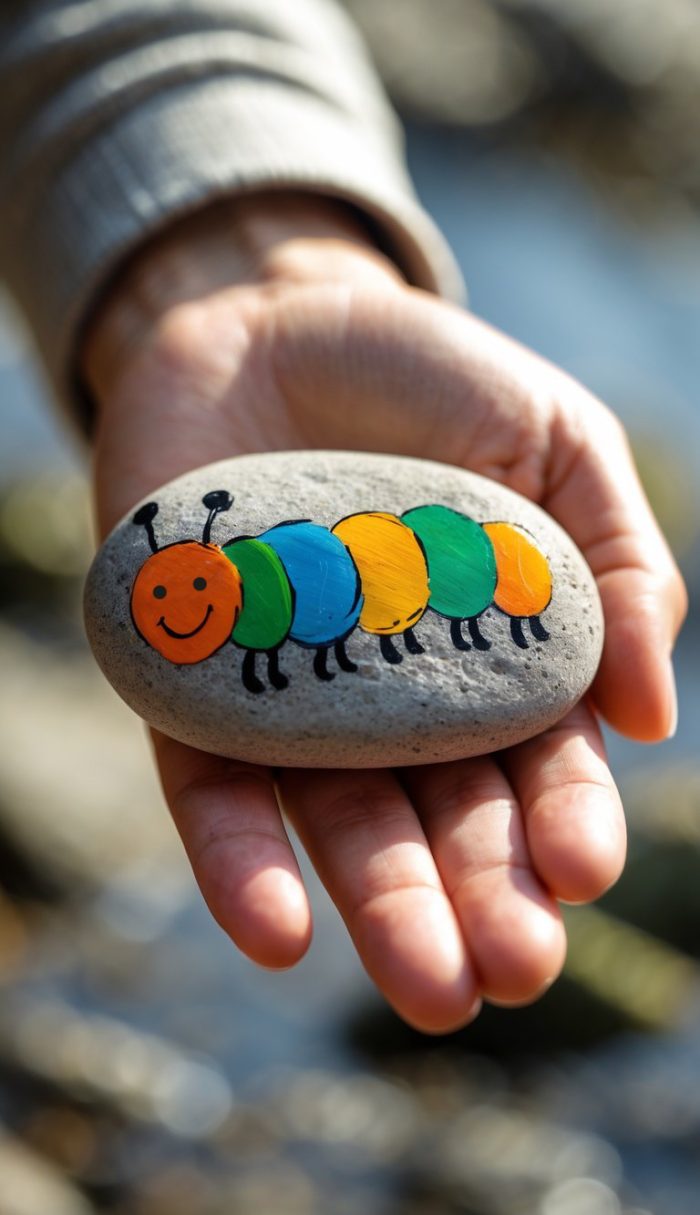 A hand holds a smooth stone painted with a smiling, colorful caterpillar featuring segments in orange, yellow, green, and blue, with black legs and antennae.