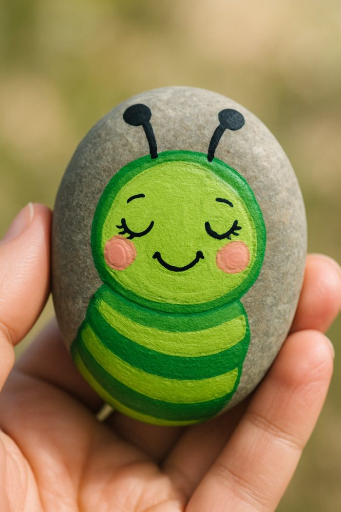 A hand holds a smooth stone painted with a cute, smiling green caterpillar featuring closed eyes, rosy cheeks, and black antennae on a blurred natural background.