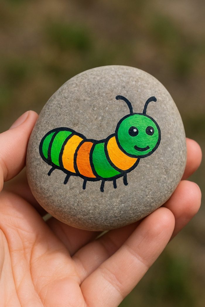 A hand holds a smooth gray stone painted with a cute, smiling cartoon caterpillar in green, yellow, and orange stripes with black legs and antennae. The background is blurred.