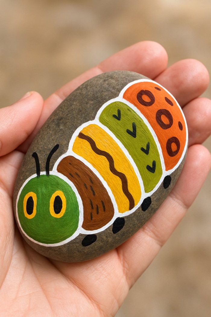 A hand holds a smooth stone painted with a colorful, cartoon-style caterpillar featuring green, yellow, brown, and orange segments with decorative patterns.