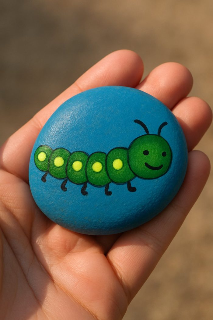 A hand holding a smooth blue rock painted with a smiling green caterpillar featuring yellow spots and black legs, against a blurred neutral background.