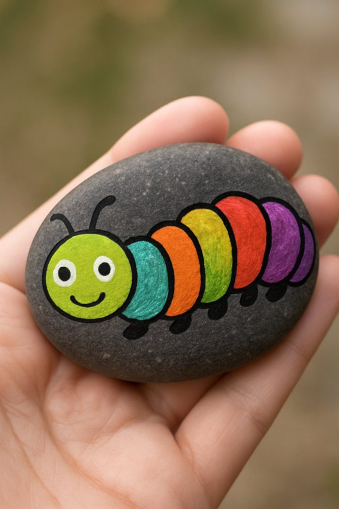 A hand holds a smooth black stone painted with a smiling caterpillar, featuring a green head and a segmented body in blue, orange, yellow, red, and purple.