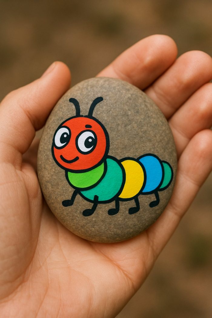 A hand holding a smooth stone with a colorful cartoon caterpillar painted on it. The caterpillar has a red head and green, yellow, blue, and teal body segments, with a smiling face and two black antennae.