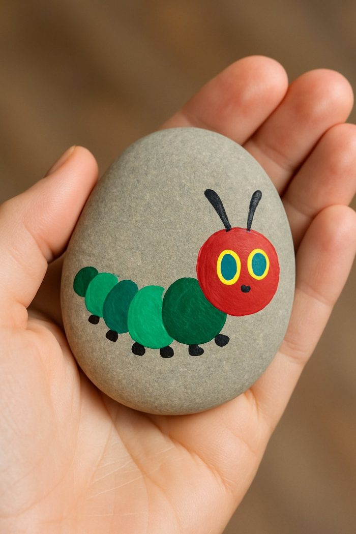 A hand holds a smooth stone painted with a colorful caterpillar featuring a red head, yellow eyes, black antennae, and a green segmented body.