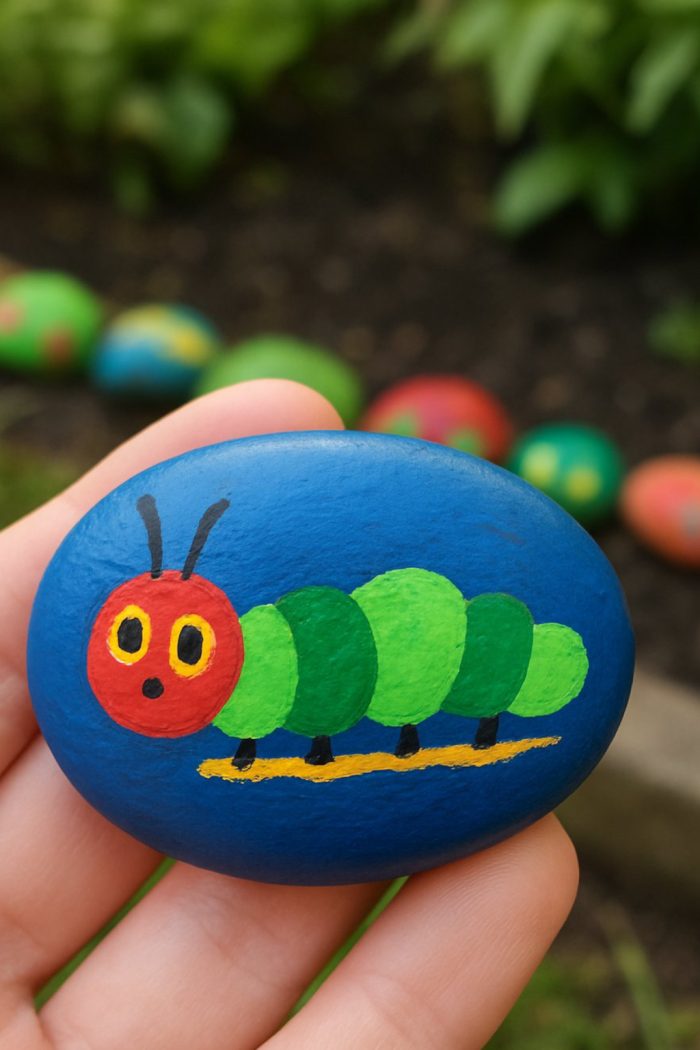 A hand holds a blue painted rock featuring a colorful caterpillar with a red head, green body segments, and black antennae. Blurred, painted rocks and green foliage are visible in the background.