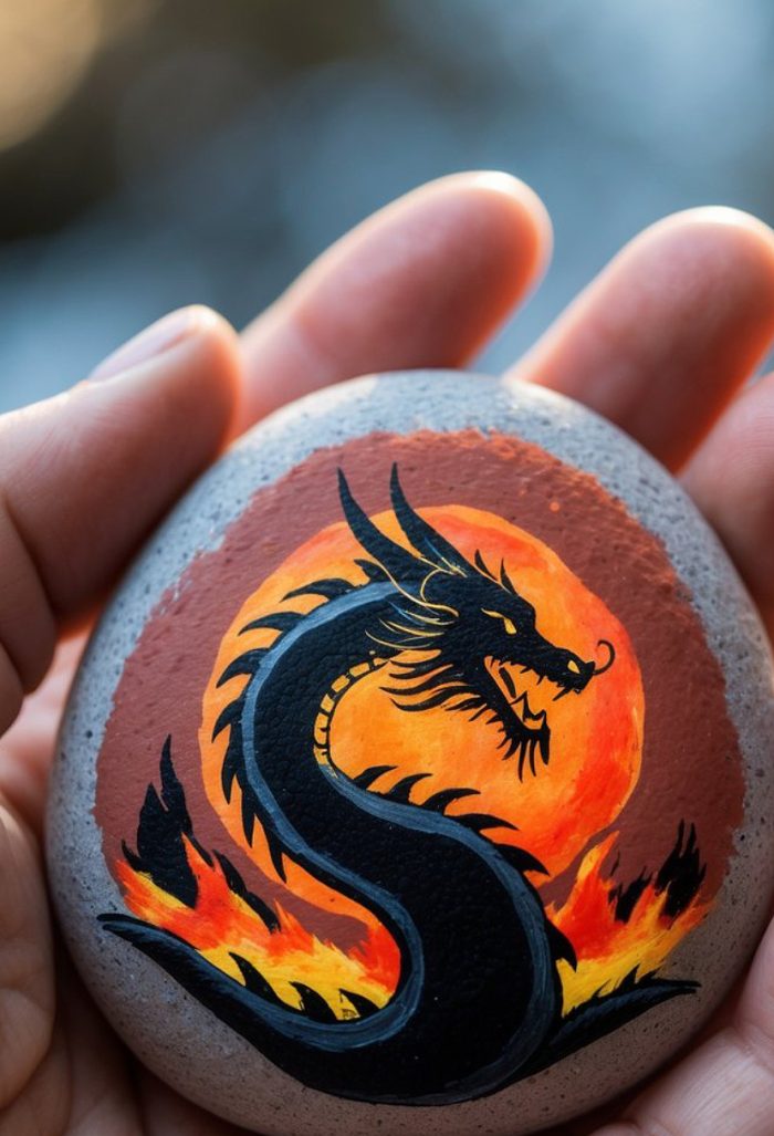 A hand holds a smooth stone painted with a black dragon in front of a fiery orange and red background, with flames along the bottom edge of the design.
