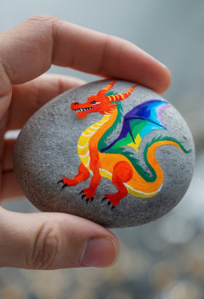 A hand holding a smooth gray stone with a colorful, hand-painted dragon featuring orange, red, green, blue, and yellow hues, and detailed wings and horns.