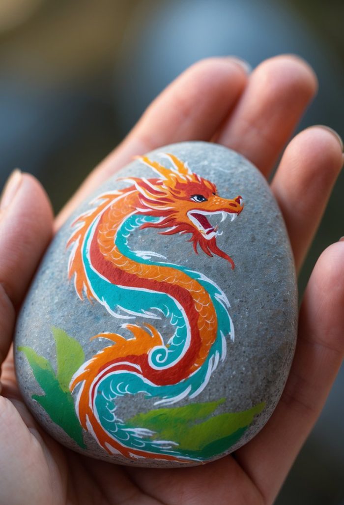 A hand holds a smooth gray stone painted with a colorful dragon featuring orange, teal, and white scales, surrounded by green leaves.