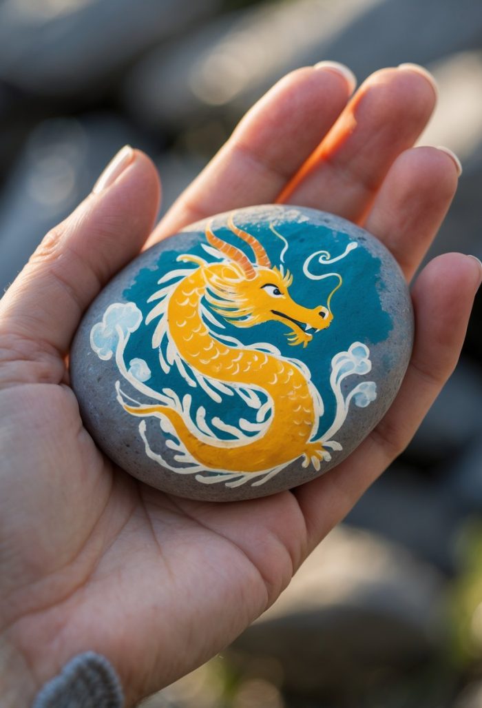 A hand holds a smooth stone painted with a vibrant yellow dragon surrounded by white swirling clouds on a blue background.