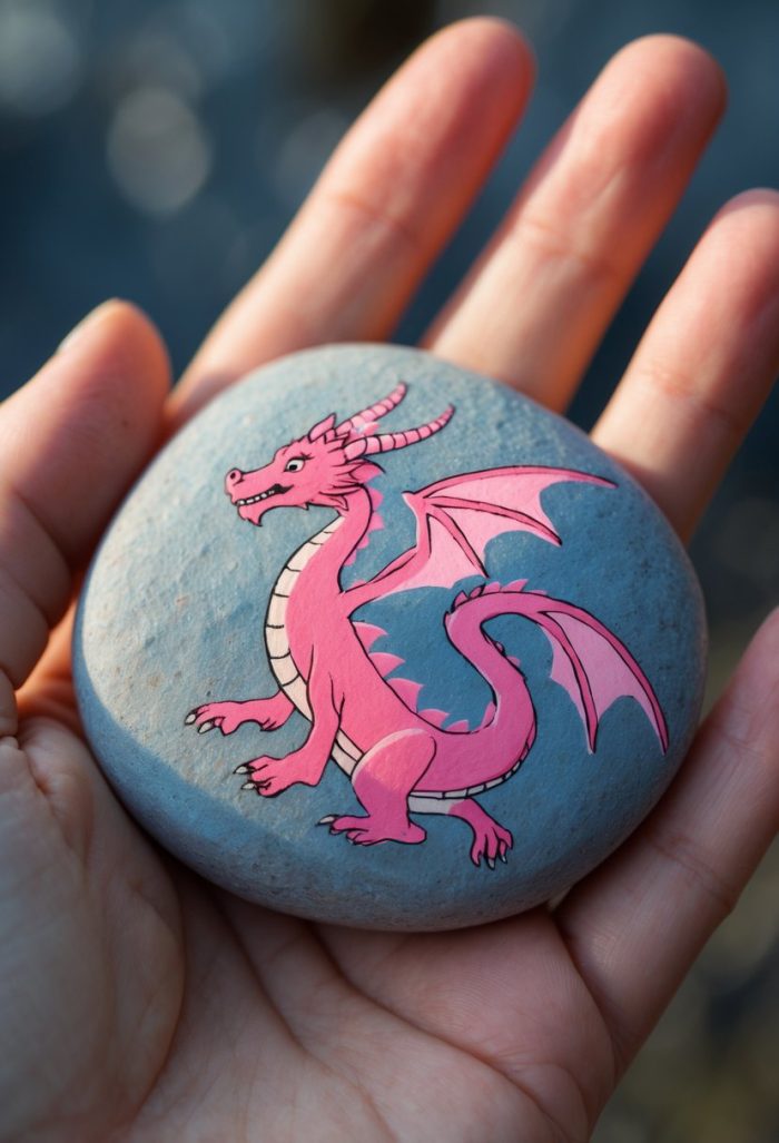 A hand holds a smooth gray stone painted with a pink cartoon dragon featuring wings, a long tail, and small horns. The background is softly blurred.