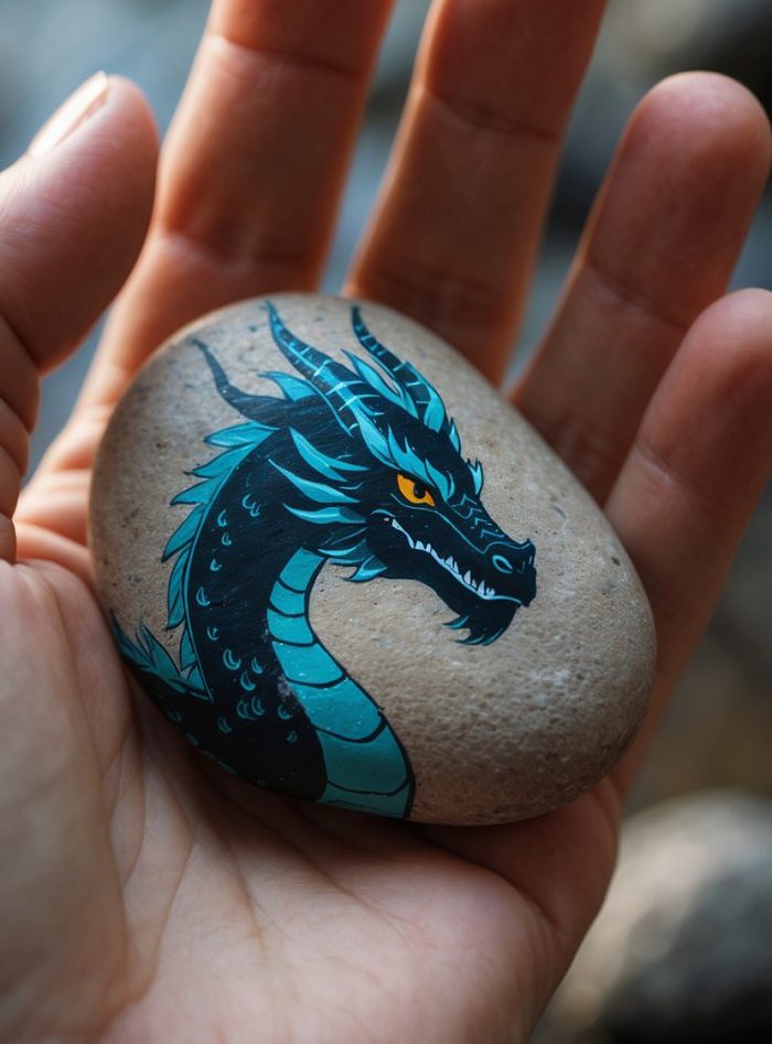A hand holds a smooth stone painted with a detailed image of a blue and black dragon with orange eyes and sharp features.